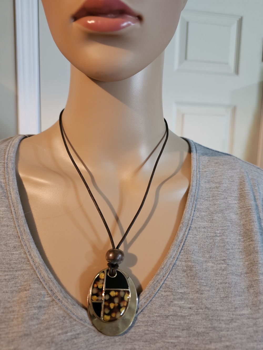 Handcrafted Oval Mosaic Pendant Necklace in Brown and Black
